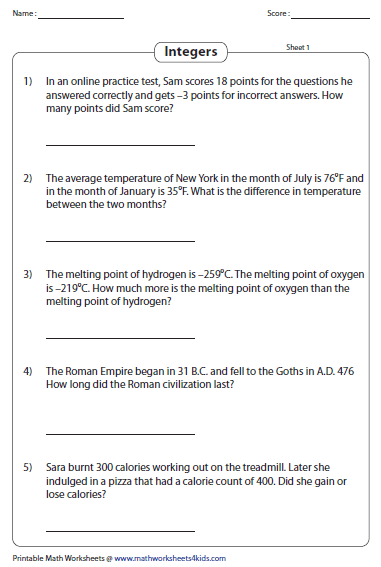 Adding And Subtracting Integers Worksheets