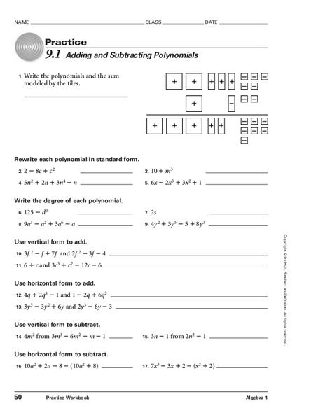 Adding And Subtracting Polynomials Worksheet