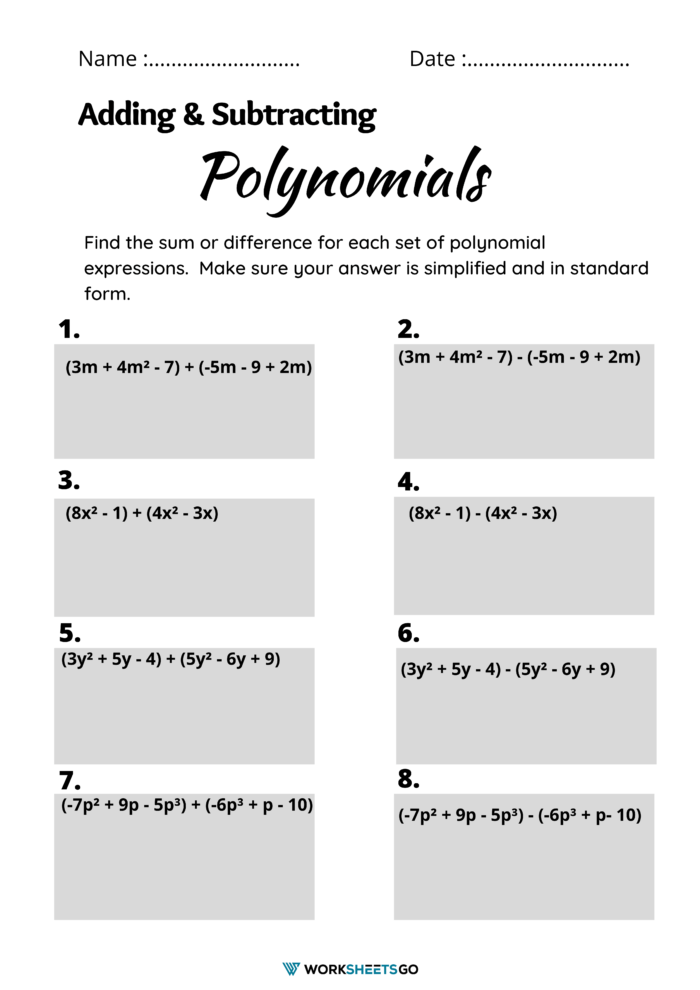 Adding And Subtracting Polynomials Worksheets Worksheets GO