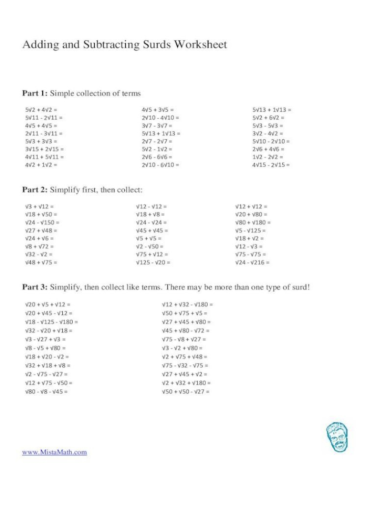 Adding And Subtracting Surds Worksheet Pdf William Hopper s Addition 