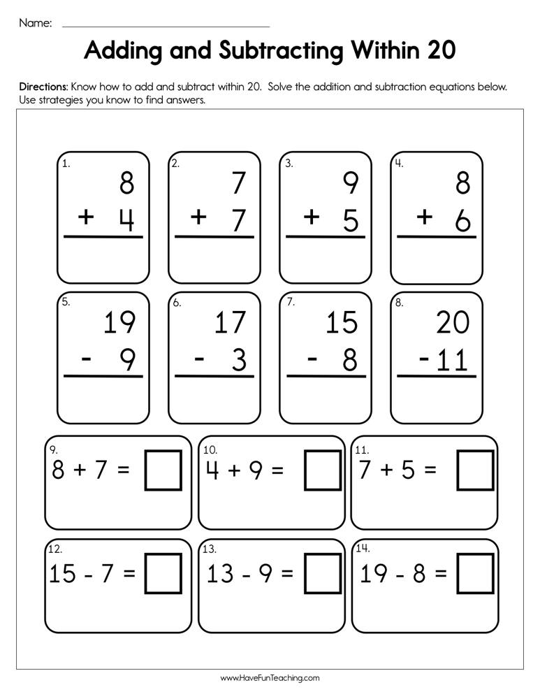 Adding And Subtracting Within 20 Worksheet Have Fun Teaching