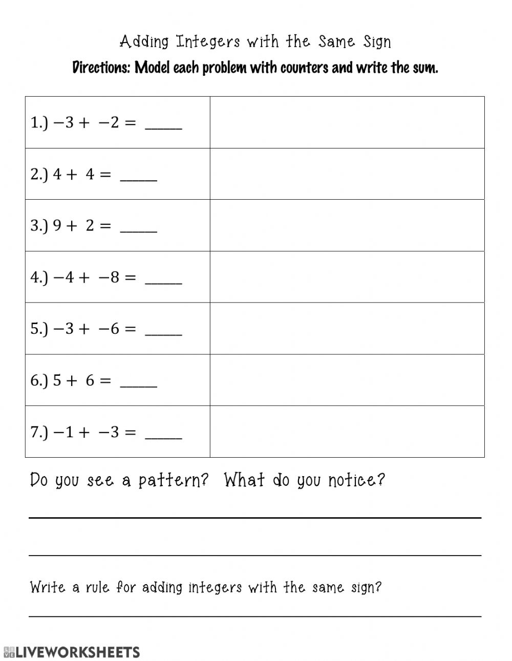 Adding Integers With The Same Signs Worksheet