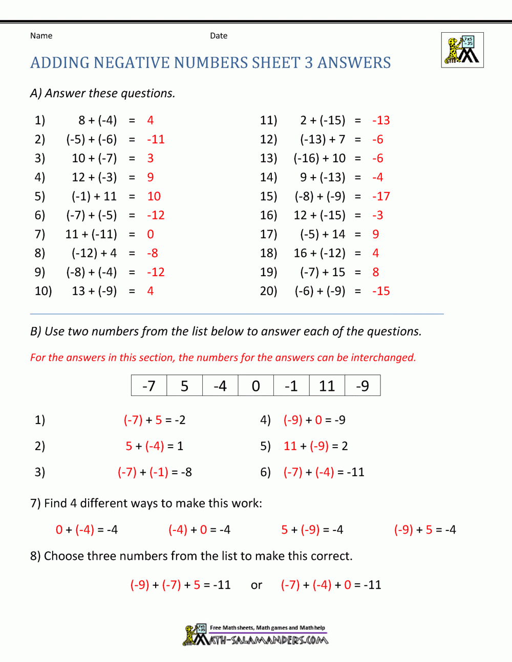 Adding Integers Worksheet Pdf