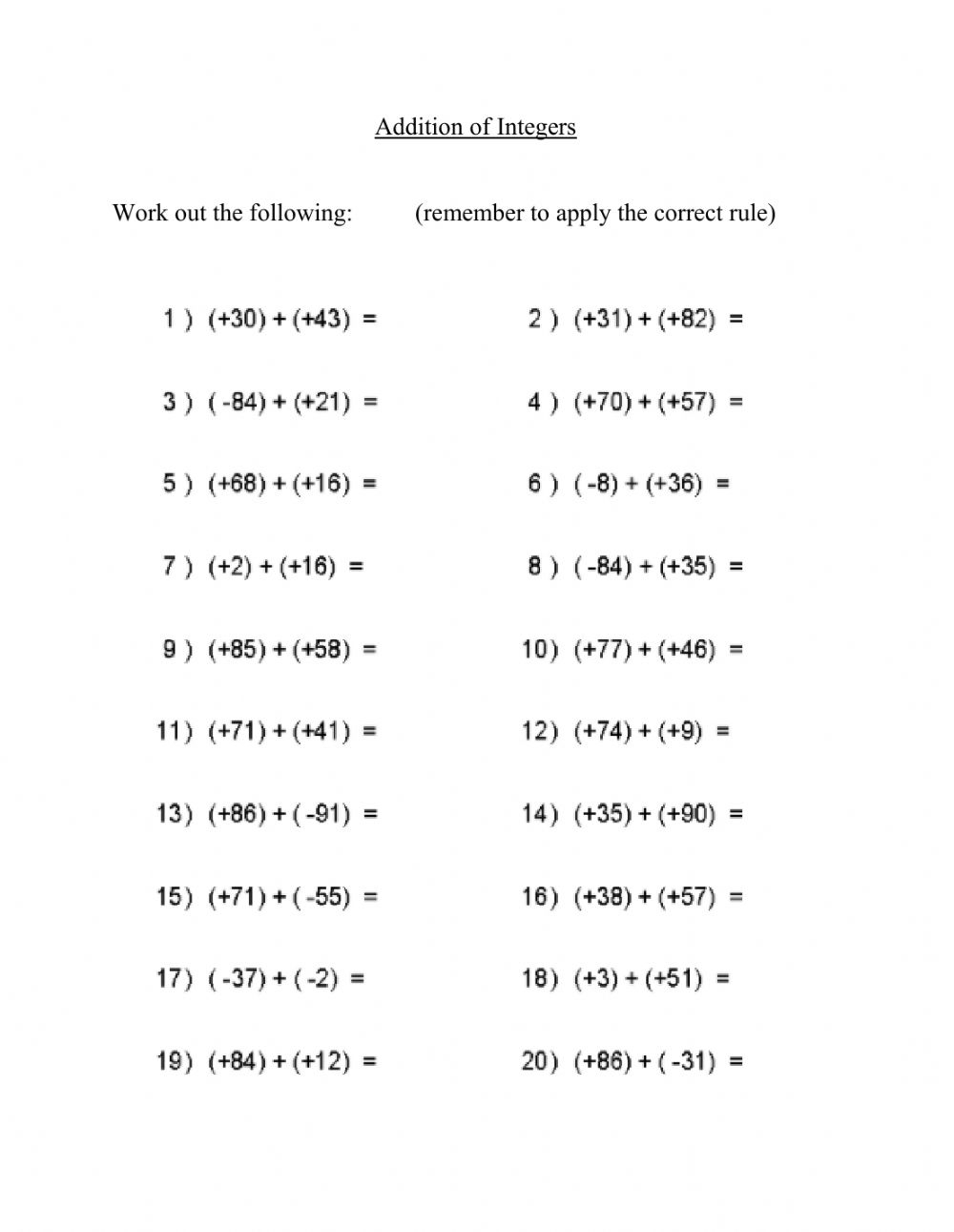 Adding Integers Worksheet Pdf