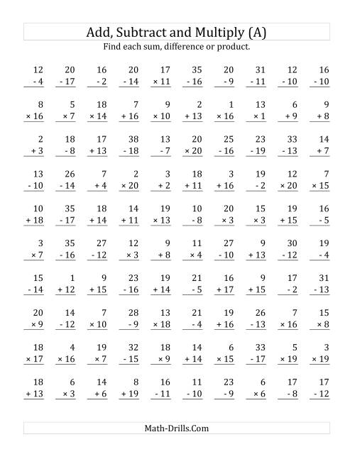 Adding Subtracting And Multiplying With Facts From 1 To 20 A 