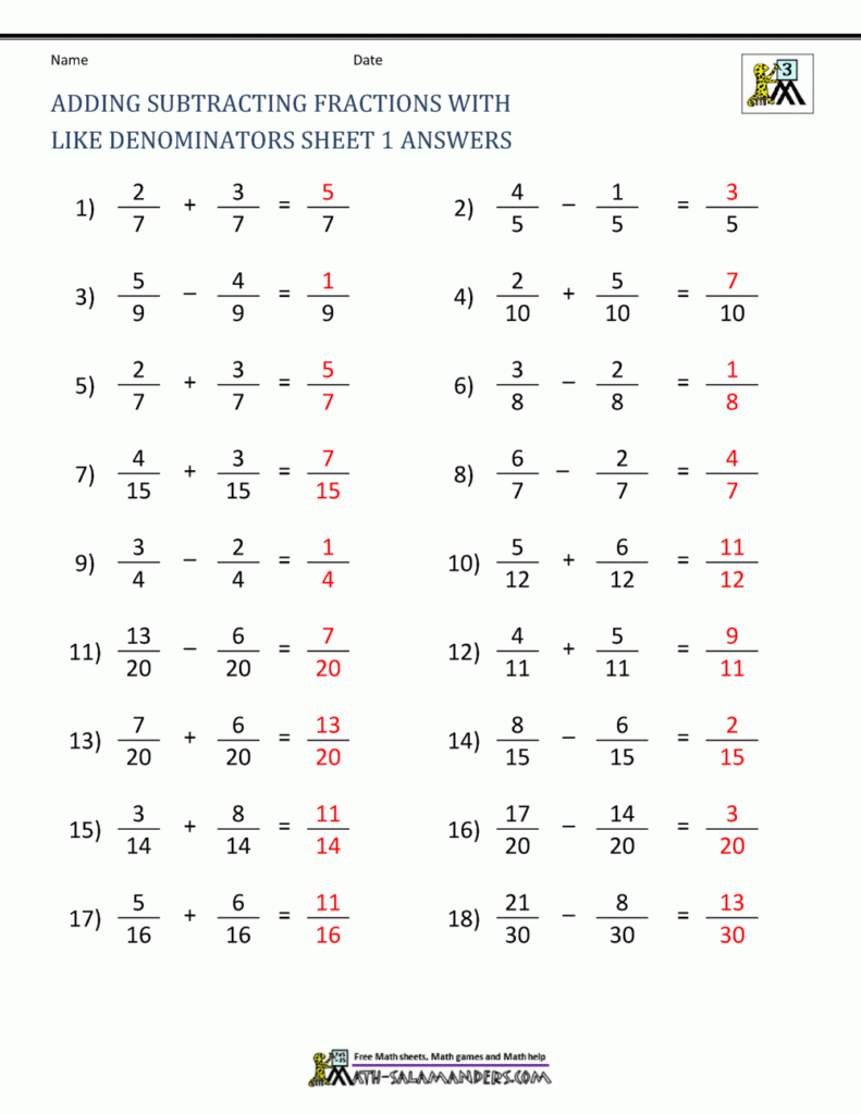 Adding Subtracting Fractions With Like Denominators Sheet 1 Answers 