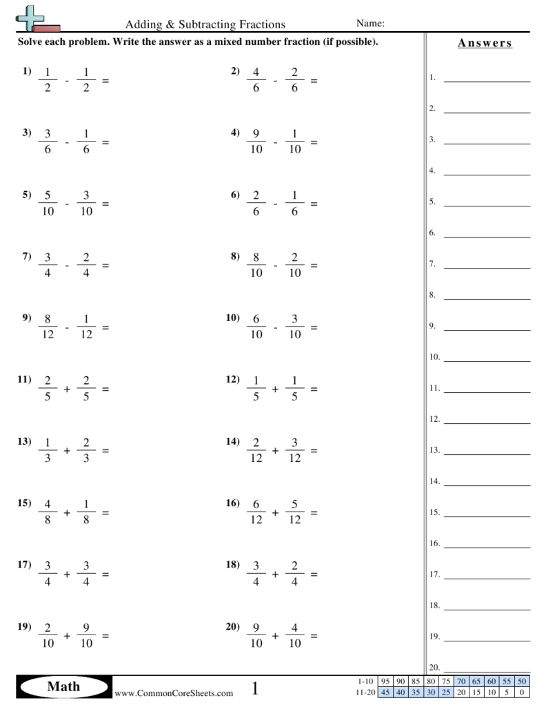 Adding Subtracting Fractions Worksheet With Answer Key Download 