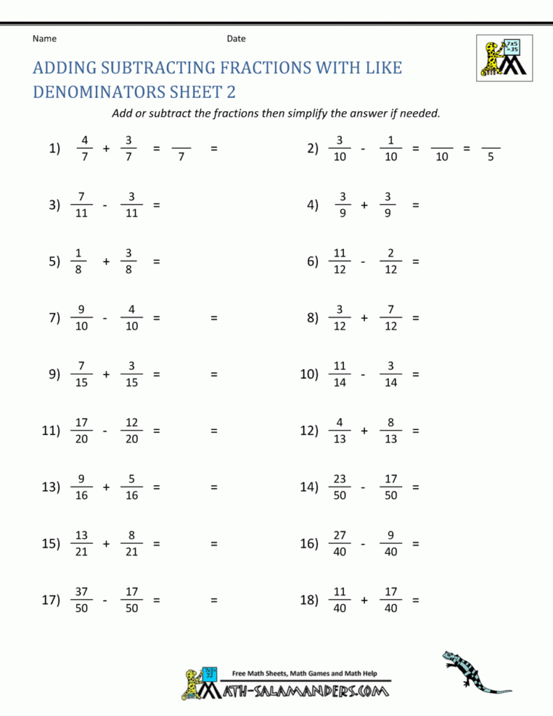 Adding Subtracting Fractions Worksheets