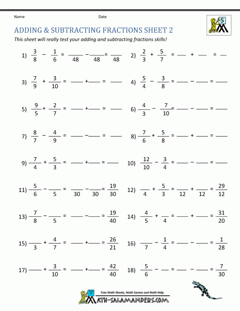 Adding Subtracting Fractions Worksheets