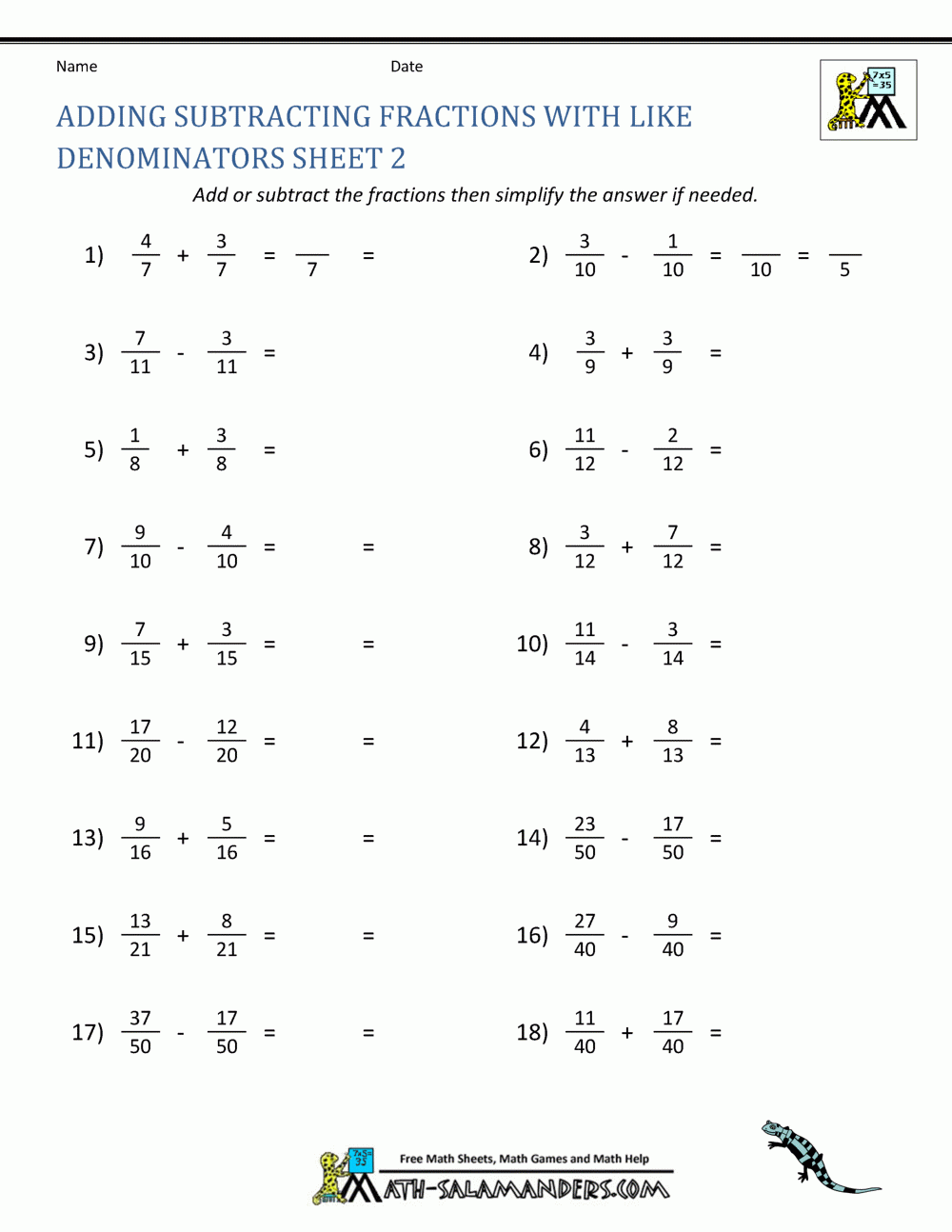 Adding Subtracting Fractions Worksheets