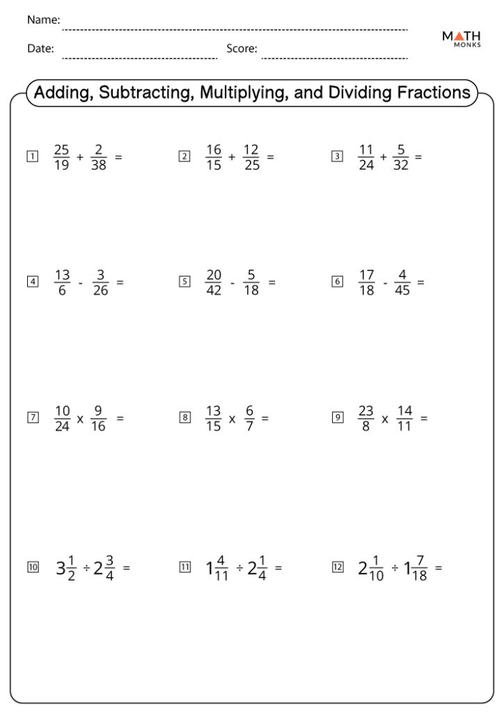 Adding Subtracting Multiplying And Dividing Fractions Worksheets Math 