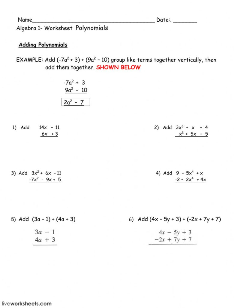 Adding Subtracting Polynomials Worksheet