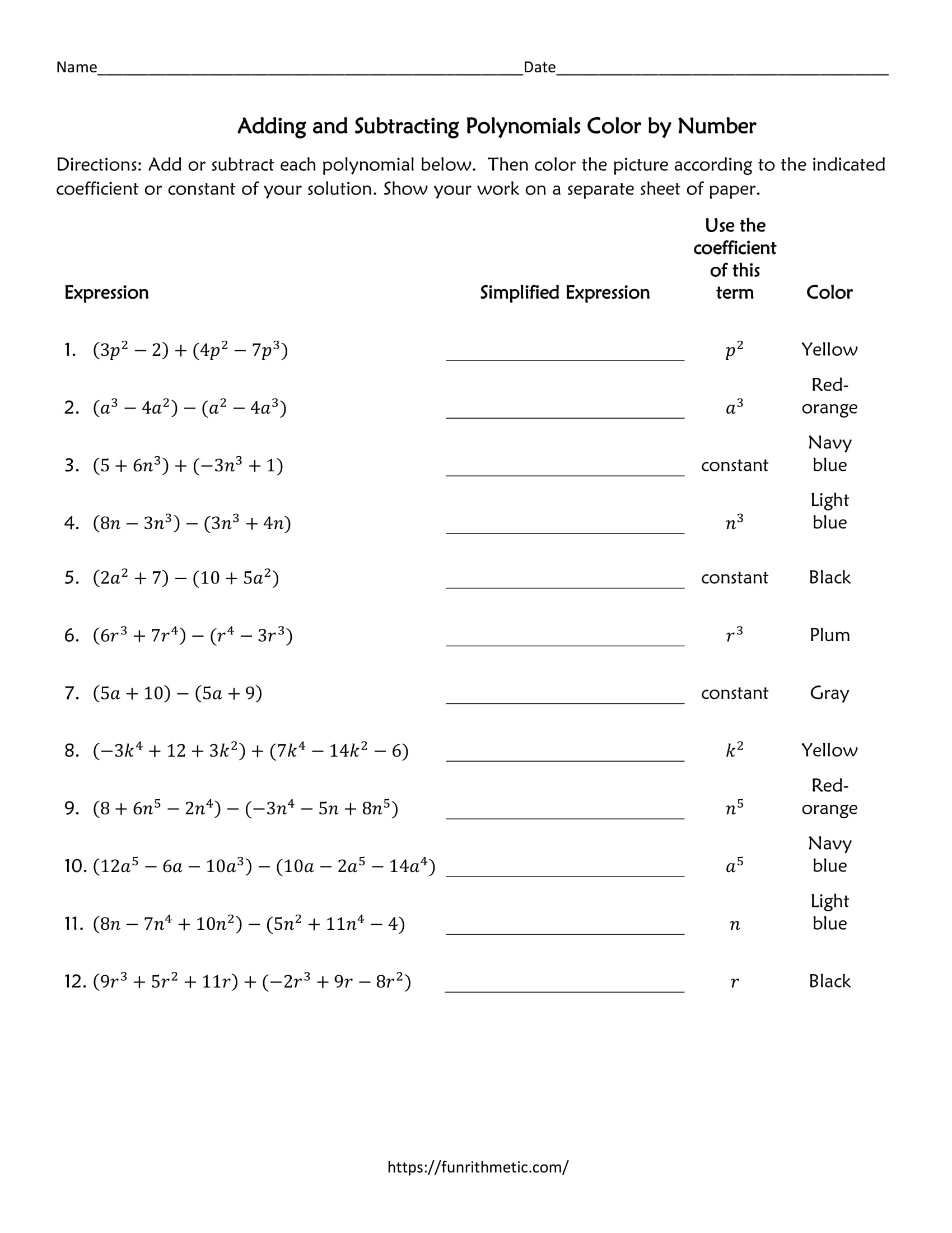 Adding Subtracting Polynomials Worksheet