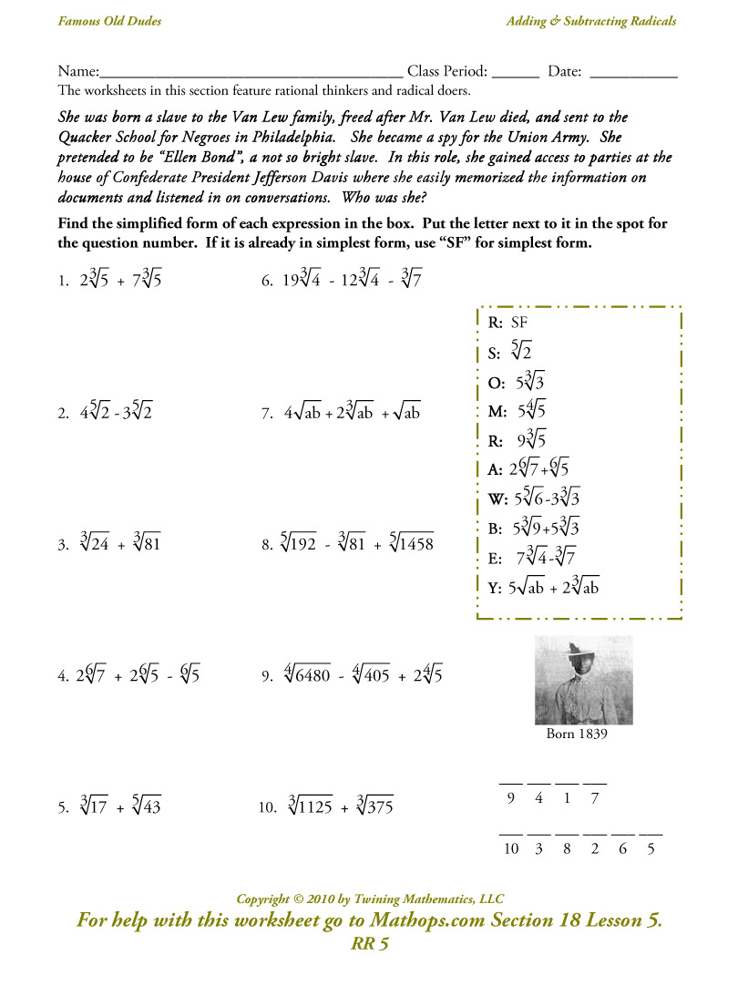 Adding Subtracting Radicals Worksheets