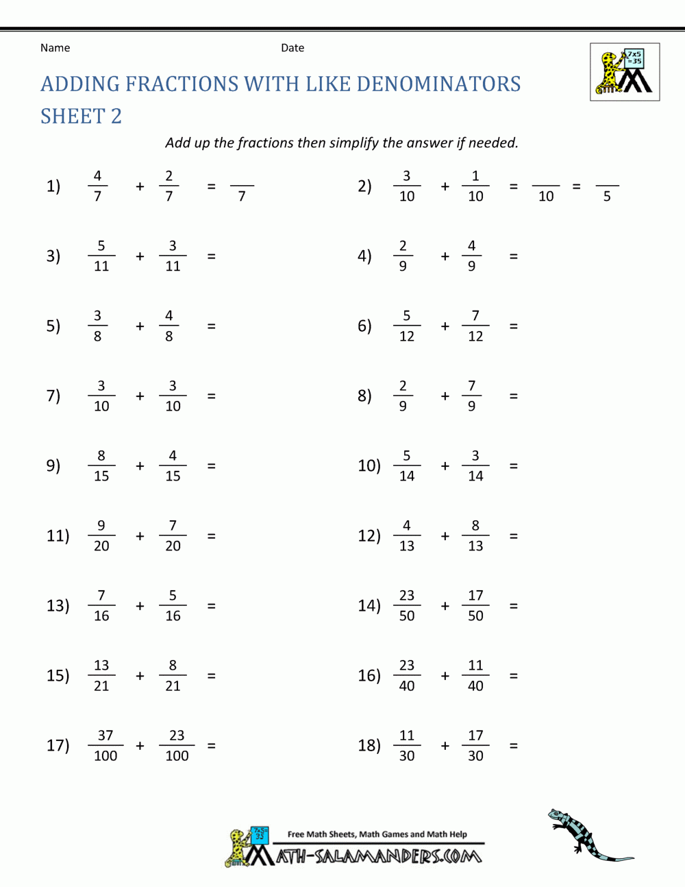 Adding Unlike Fractions Answer Key Designersresourcemiami