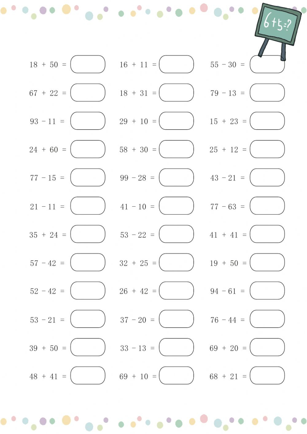 Addition And Subtract Practice Within 100 Worksheet