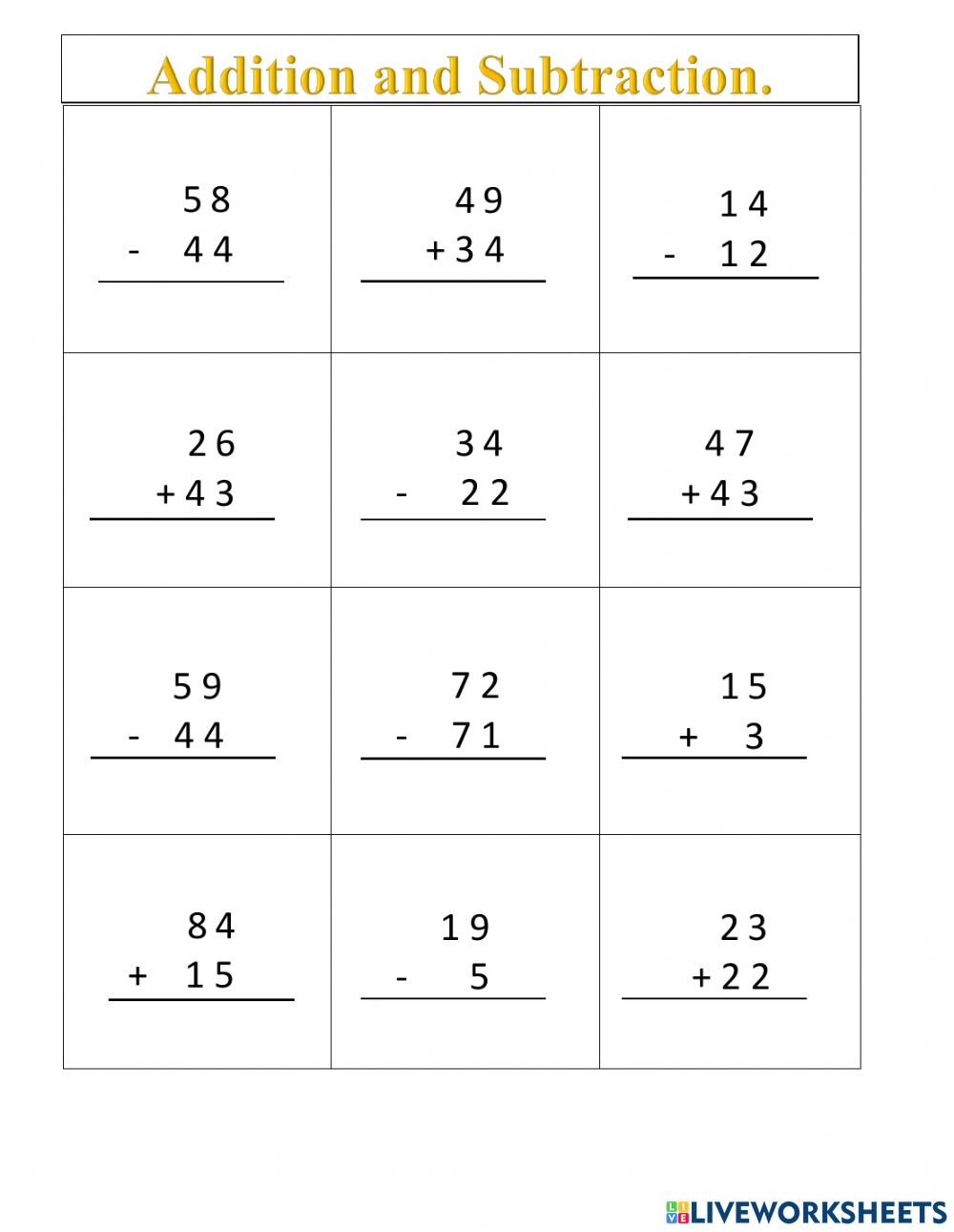 Addition And Subtraction Interactive Exercise For Grade 2