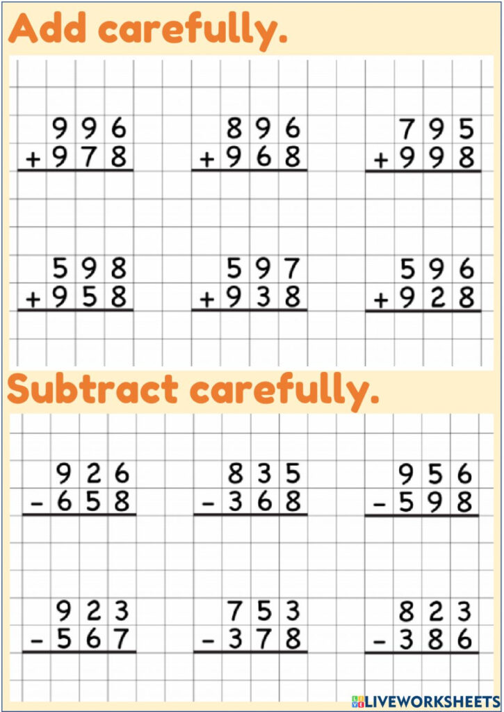 Addition And Subtraction Interactive Worksheet For Grade 3