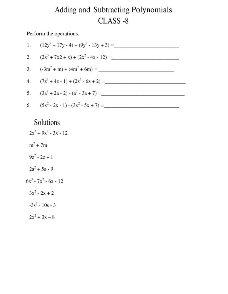 Addition And Subtraction Of Polynomials Interactive Worksheet