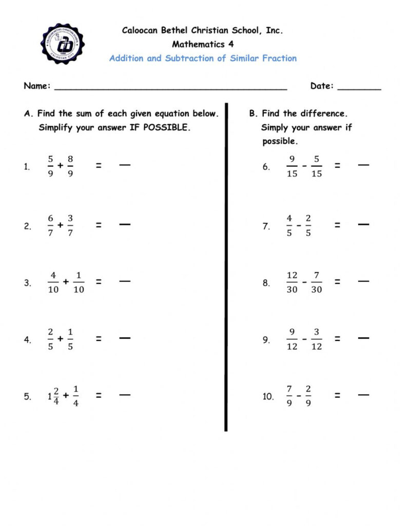 Addition And Subtraction Of Similar Fractions Worksheet