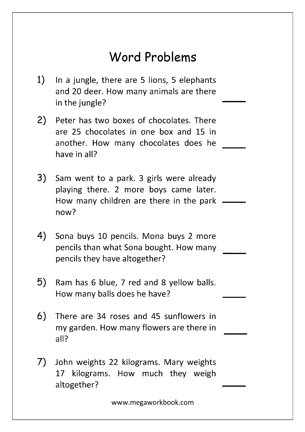 Addition And Subtraction Word Problems Worksheets For Kindergarten And 