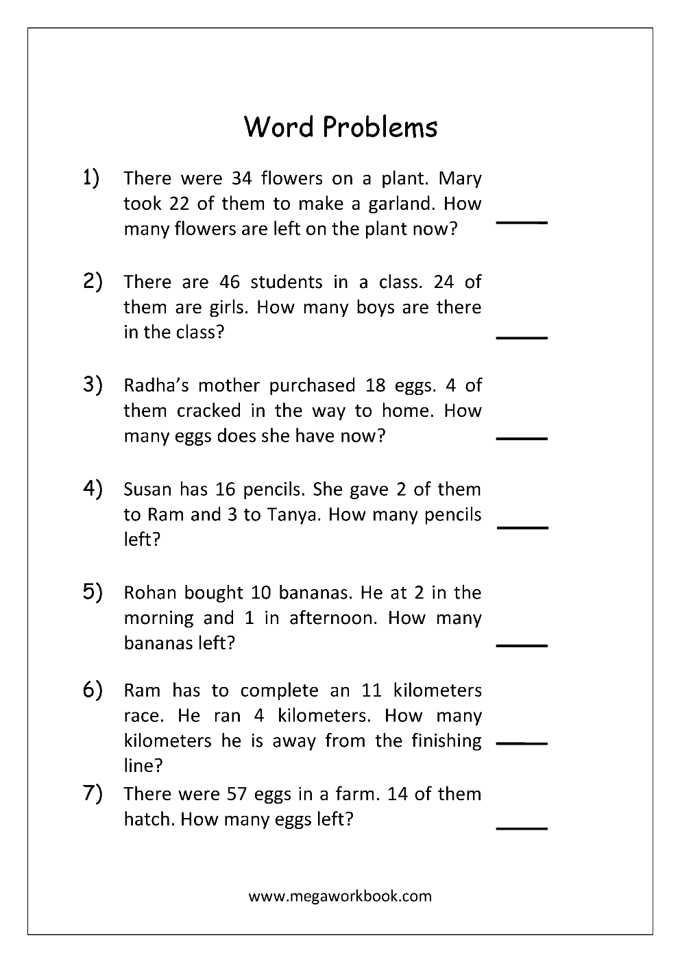 Addition And Subtraction Word Problems Worksheets For Kindergarten And 