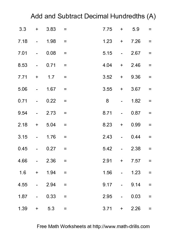 Addition Subtraction Decimals Worksheets Worksheet Hero