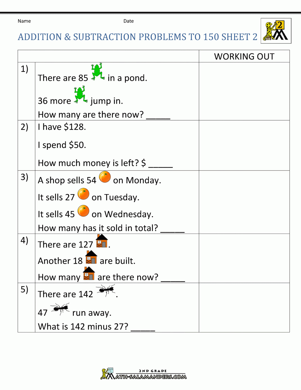 Addition Subtraction Word Problems 2nd Grade