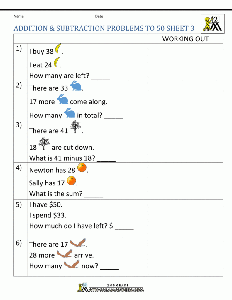 Addition Subtraction Word Problems 2nd Grade