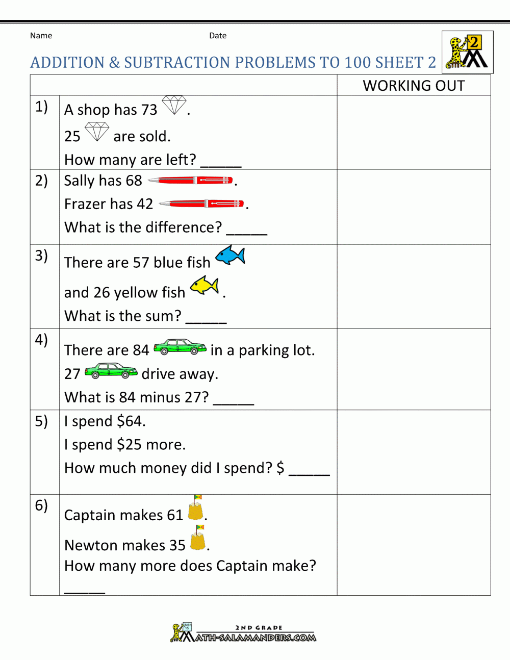 Addition Subtraction Word Problems 2nd Grade