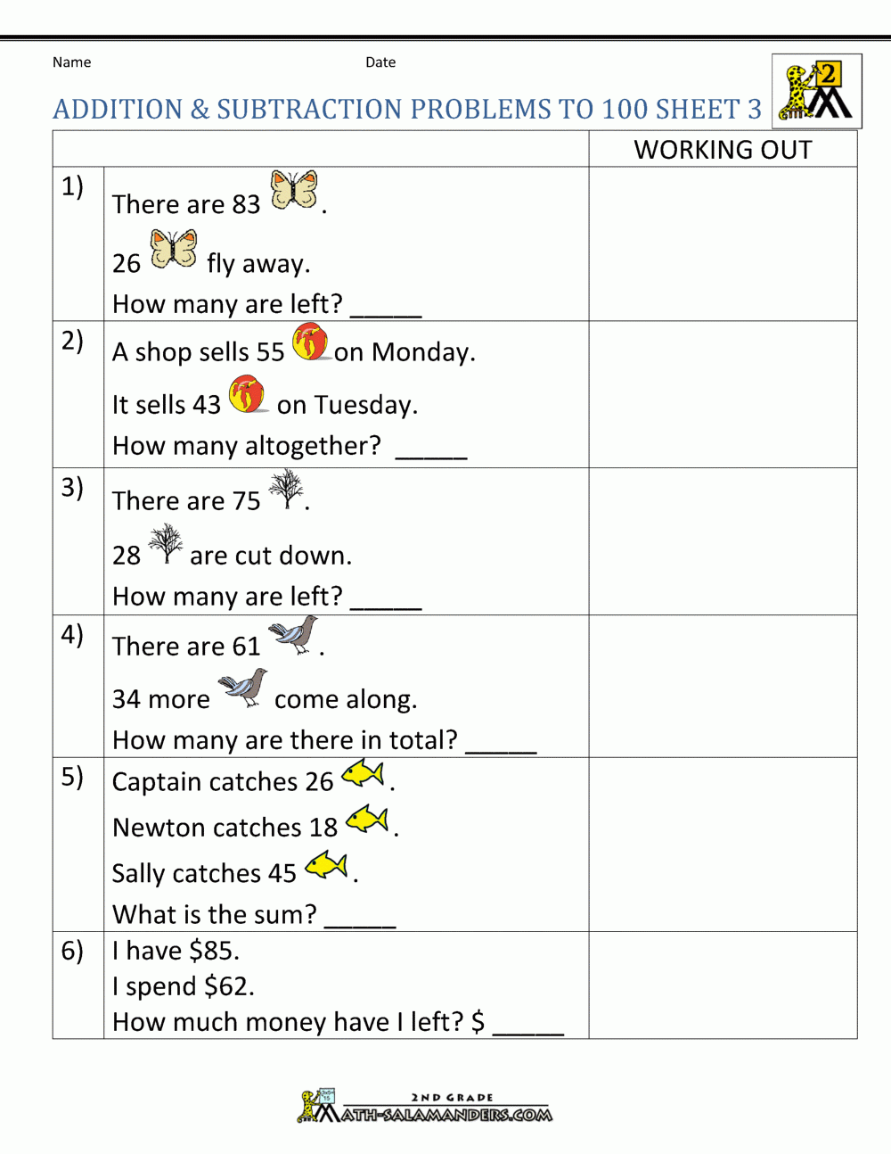 Addition Subtraction Word Problems 2nd Grade