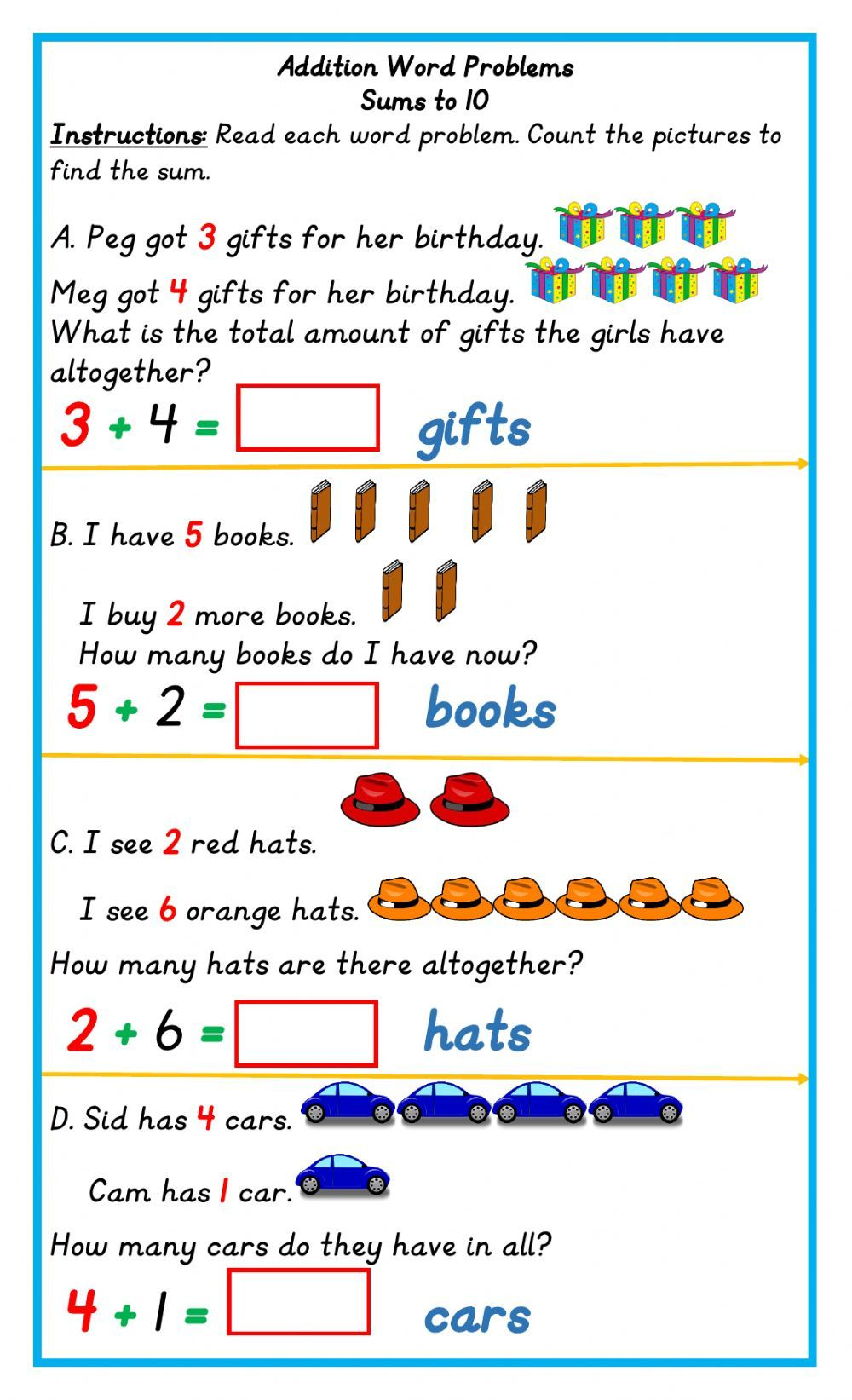 Addition Word Problems Online Activity For Grade 1 Addition Words 