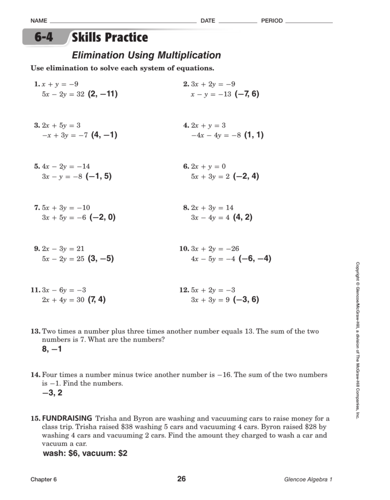 Algebra 1 Elimination Using Multiplication Worksheet Answers Times