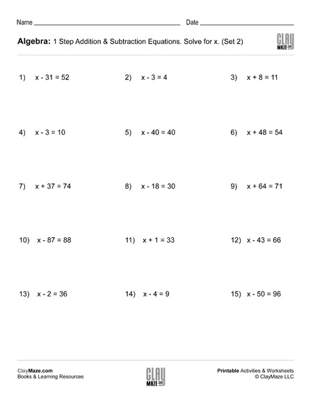 Algebra 1 Step Addition Subtraction Equations Set 2 Childrens