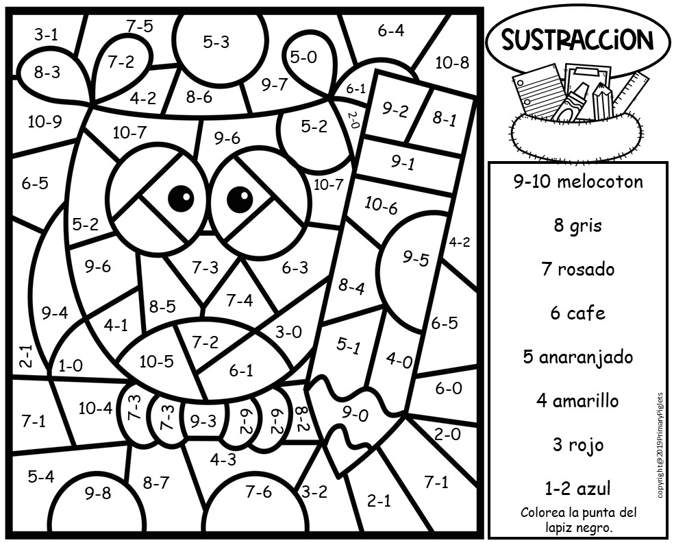 BACK TO SCHOOL COLOR BY NUMBER SUBTRACTION FACTS IN SPANISH Made By 