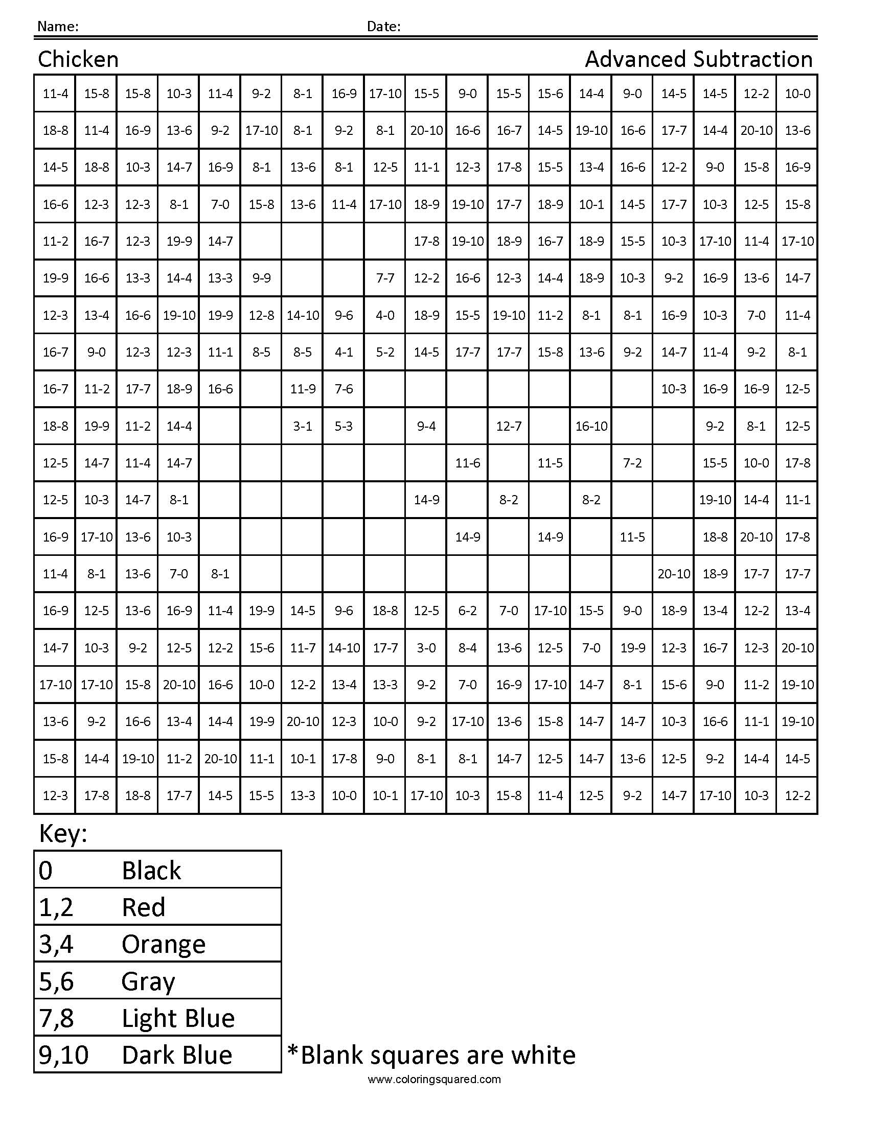 Chicken Advanced Subtraction Coloring Squared