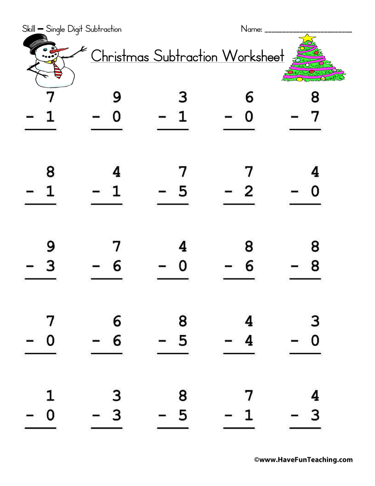 Christmas Single Digit Subtraction Worksheet Have Fun Teaching