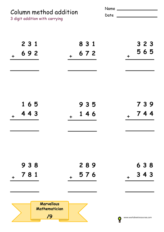 Column Method Addition Free Printable Worksheet