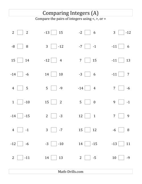 Comparing Integers From 15 To 15 A 