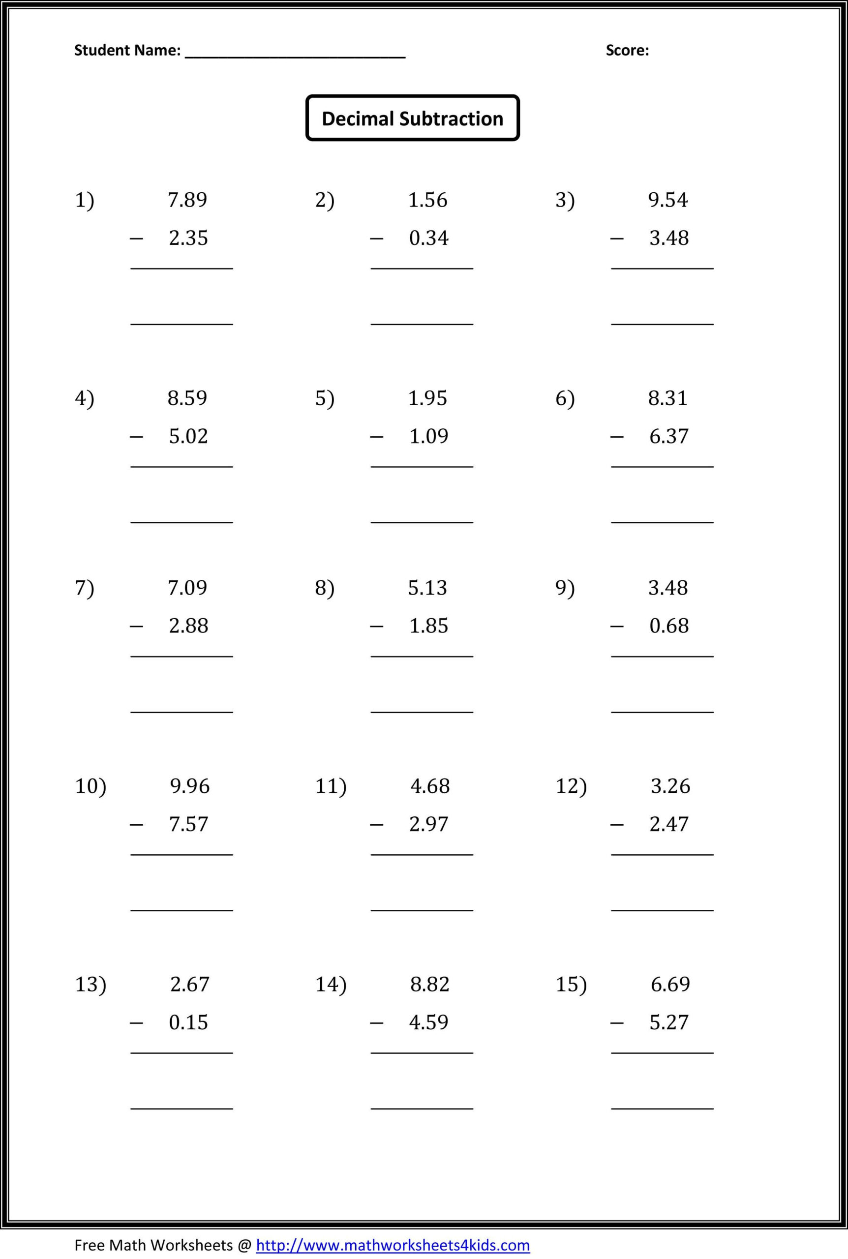 Decimal Subtraction Worksheets Maths Matematyka On Best Worksheets 