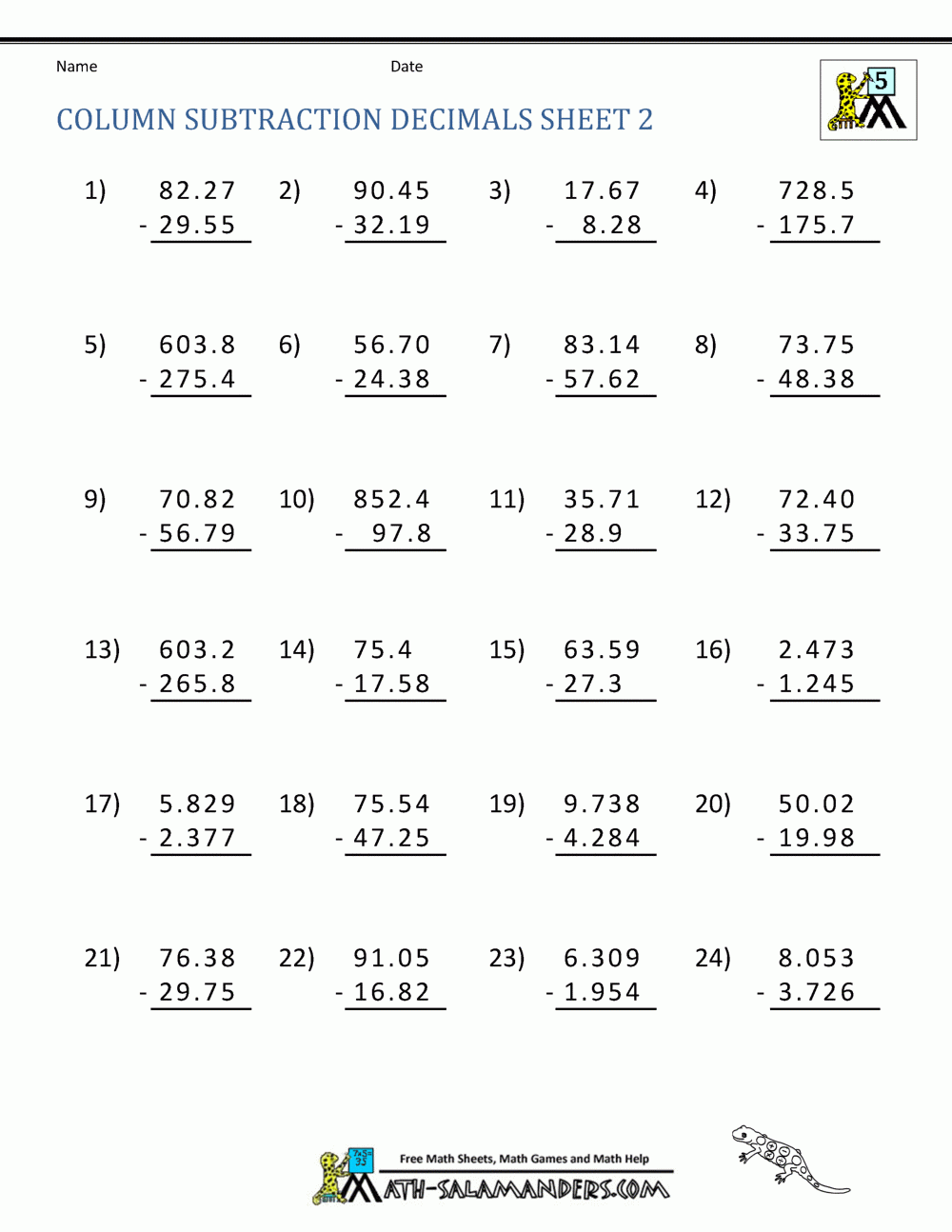 Decimal Subtraction Worksheets