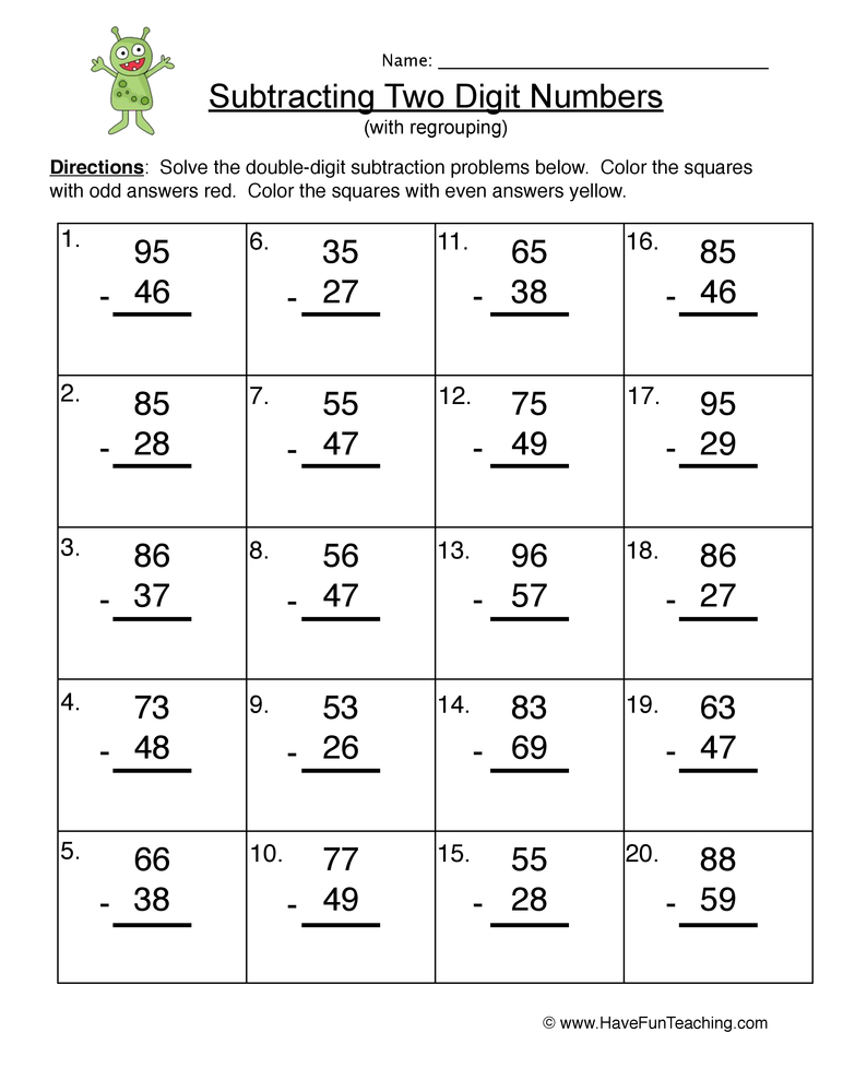 Double Digit Subtraction Regroup Worksheet 1