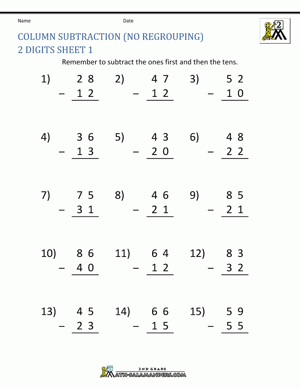 Double Digit Subtraction Without Regrouping Printable Two Digit 