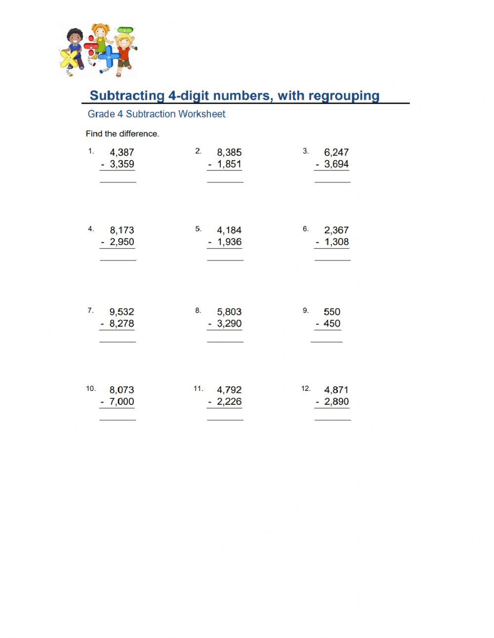 Ejercicio De Subtracting 4 Digit Numbers With Regrouping