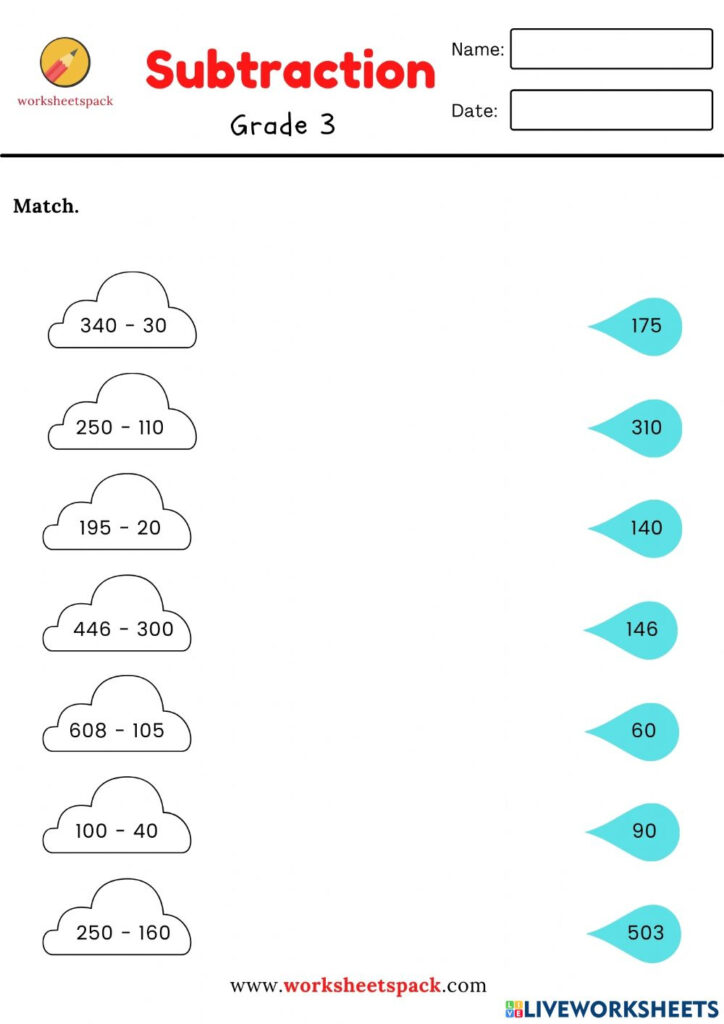 Ejercicio De Subtraction Worksheet Matching