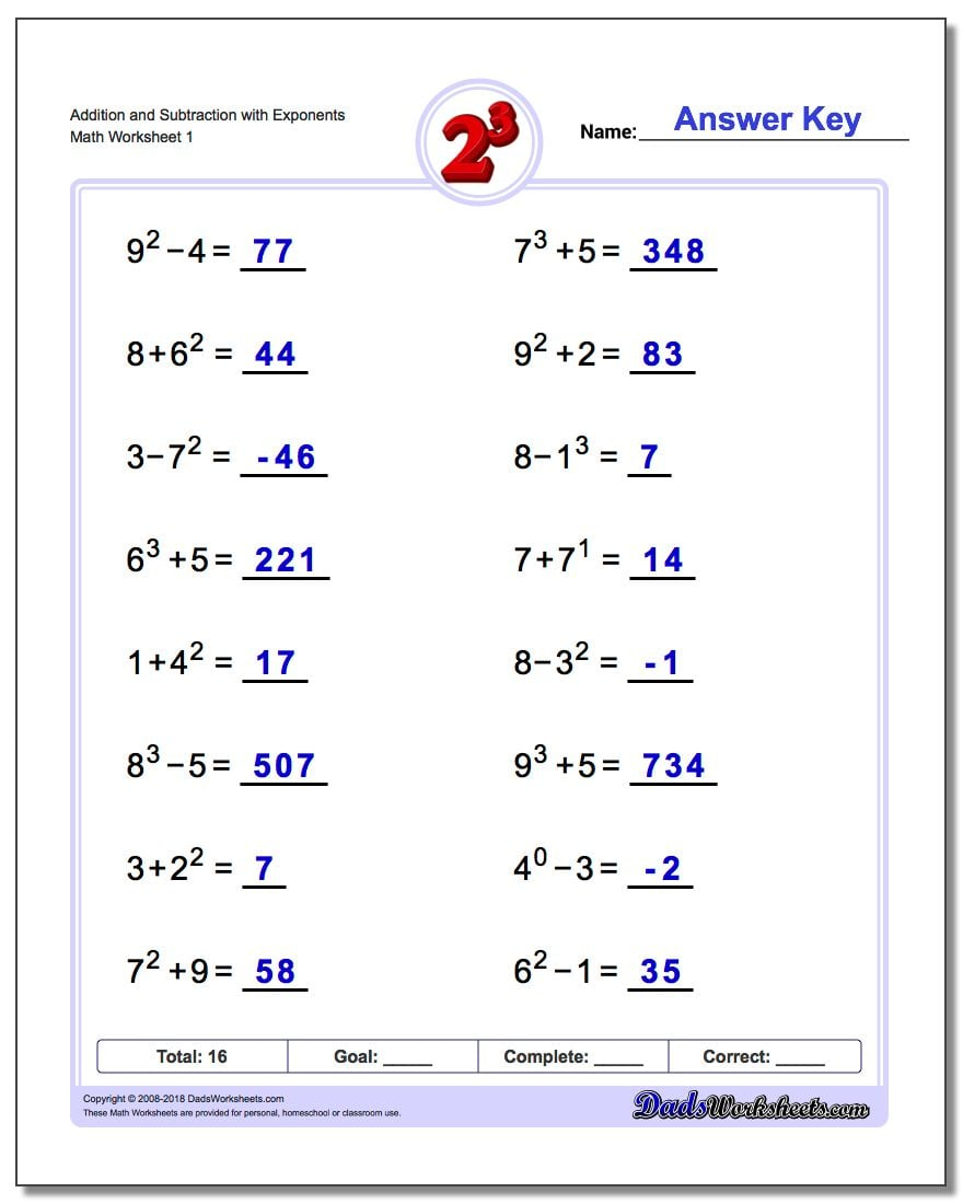 Exponents Worksheets