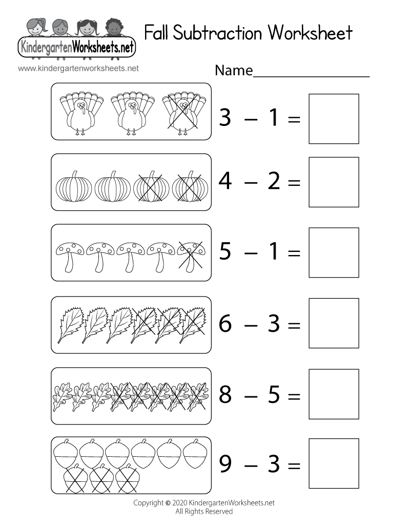 Fall Subtraction Within 10 Worksheet For Kindergarten Free Printable 