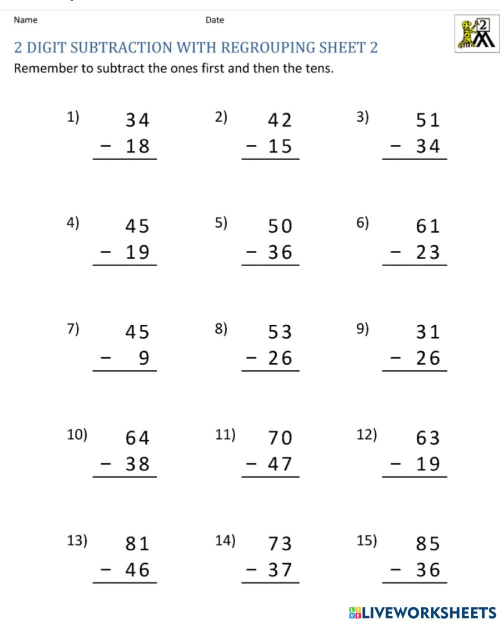 Ficha De Subtraction With Regrouping Para Grade 1