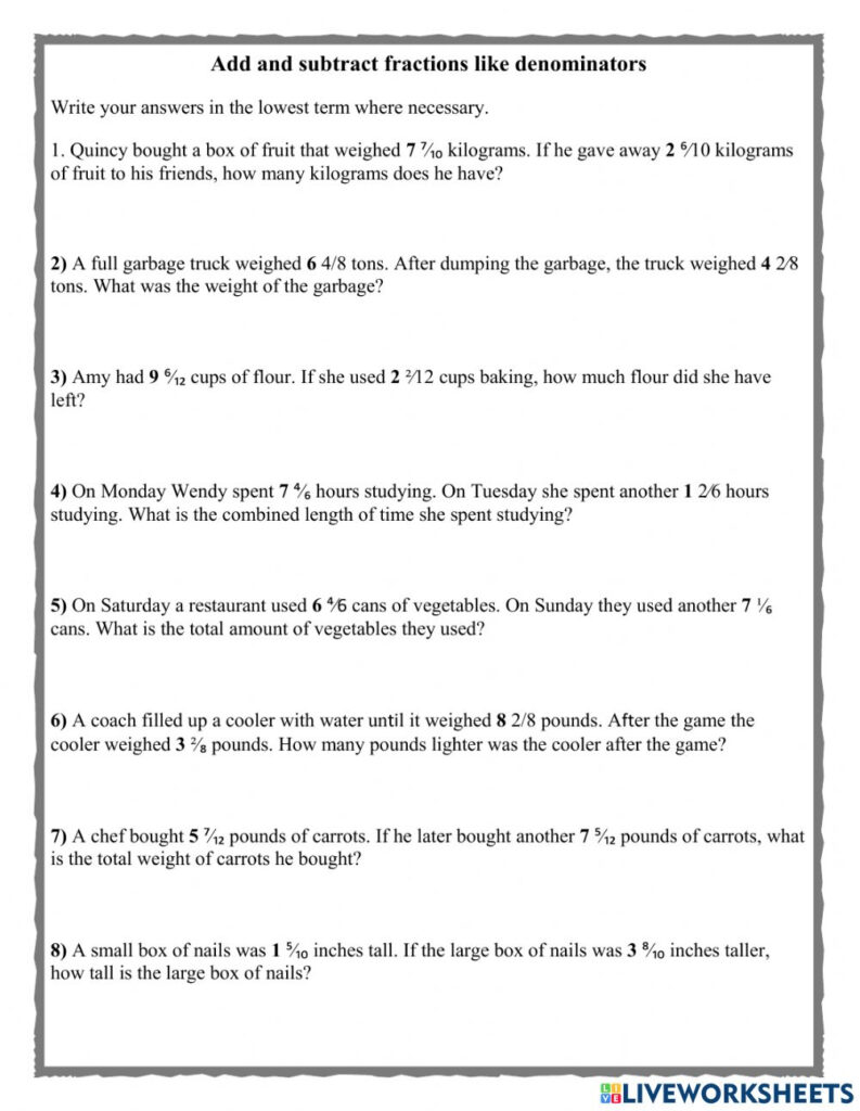 Fractions With Unlike Denominators Addition And Subtraction Adding 