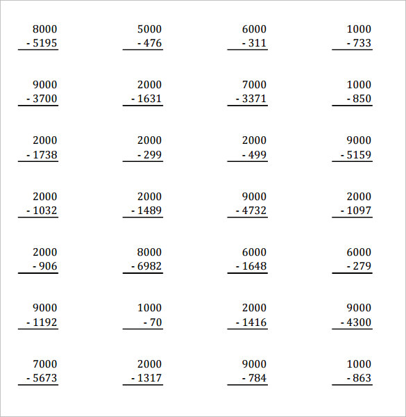 FREE 10 Sample Subtraction Across Zeros Worksheet In MS Word PDF